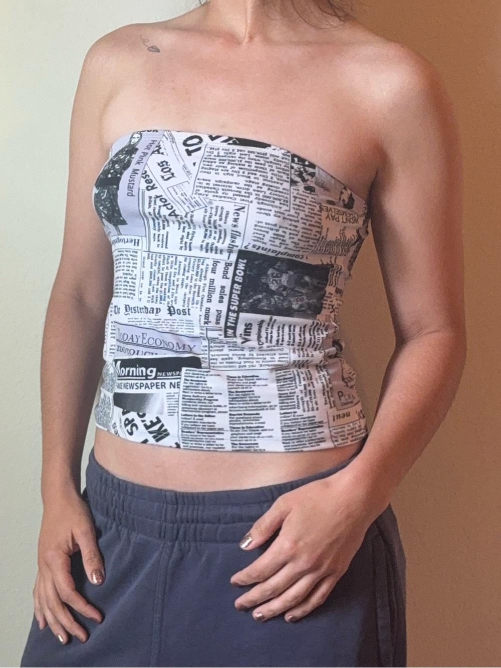 Polly & Esther Black and White Newspaper Print Strapless Tube Top